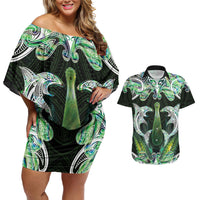 New Zealand Mere Pounamu Weapon Couples Matching Off Shoulder Short Dress and Hawaiian Shirt Aotearoa Mango Paua Shell Maori Pattern LT22 Green - Polynesian Pride