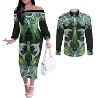 New Zealand Mere Pounamu Weapon Couples Matching Off The Shoulder Long Sleeve Dress and Long Sleeve Button Shirt Aotearoa Mango Paua Shell Maori Pattern LT22 Green - Polynesian Pride