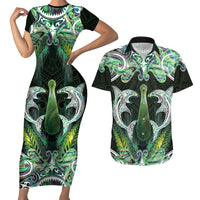 New Zealand Mere Pounamu Weapon Couples Matching Short Sleeve Bodycon Dress and Hawaiian Shirt Aotearoa Mango Paua Shell Maori Pattern LT22 Green - Polynesian Pride