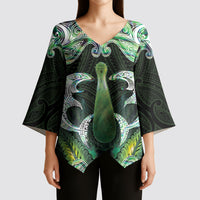 New Zealand Mere Pounamu Weapon Kimono Sleeve Blouse Aotearoa Mango Paua Shell Maori Pattern LT22 - Polynesian Pride