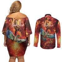 New Zealand Kea Bird Matariki Personalised Couples Matching Off Shoulder Short Dress and Long Sleeve Button Shirt Silver Fern Maori Pattern LT22 - Polynesian Pride