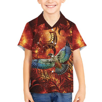 New Zealand Kea Bird Matariki Personalised Family Matching Off The Shoulder Long Sleeve Dress and Hawaiian Shirt Silver Fern Maori Pattern LT22 Son's Shirt Orange - Polynesian Pride