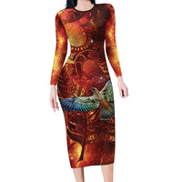 New Zealand Kea Bird Matariki Personalised Long Sleeve Bodycon Dress Silver Fern Maori Pattern LT22 Long Dress Orange - Polynesian Pride