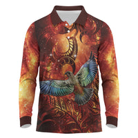 New Zealand Kea Bird Matariki Personalised Long Sleeve Polo Shirt Silver Fern Maori Pattern LT22 Orange - Polynesian Pride