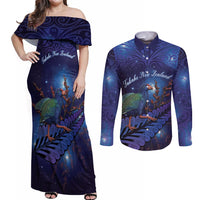 Takahe New Zealand Personalised Couples Matching Off Shoulder Maxi Dress and Long Sleeve Button Shirt Harakeke Silver Fern Maori Pattern LT22 Blue - Polynesian Pride