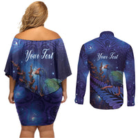 Takahe New Zealand Personalised Couples Matching Off Shoulder Short Dress and Long Sleeve Button Shirt Harakeke Silver Fern Maori Pattern LT22 - Polynesian Pride