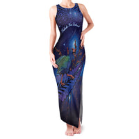 Takahe New Zealand Personalised Family Matching Tank Maxi Dress and Hawaiian Shirt Harakeke Silver Fern Maori Pattern LT22 Mom's Dress Blue - Polynesian Pride