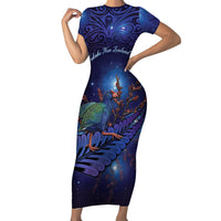 Takahe New Zealand Personalised Short Sleeve Bodycon Dress Harakeke Silver Fern Maori Pattern LT22 Long Dress Blue - Polynesian Pride
