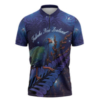 Takahe New Zealand Personalised Zipper Polo Shirt Harakeke Silver Fern Maori Pattern LT22 Blue - Polynesian Pride