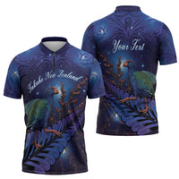 Takahe New Zealand Personalised Zipper Polo Shirt Harakeke Silver Fern Maori Pattern LT22 - Polynesian Pride