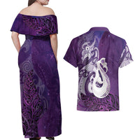 New Zealand Matariki Couples Matching Off Shoulder Maxi Dress and Hawaiian Shirt Maori Manaia Galaxy Silver Fern Purple Color LT22 - Polynesian Pride