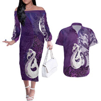 New Zealand Matariki Couples Matching Off The Shoulder Long Sleeve Dress and Hawaiian Shirt Maori Manaia Galaxy Silver Fern Purple Color LT22 Purple - Polynesian Pride