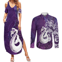 New Zealand Matariki Couples Matching Summer Maxi Dress and Long Sleeve Button Shirt Maori Manaia Galaxy Silver Fern Purple Color LT22 Purple - Polynesian Pride