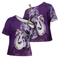 New Zealand Matariki Cross Shoulder Shirt Maori Manaia Galaxy Silver Fern Purple Color