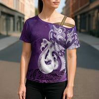 New Zealand Matariki Cross Shoulder Shirt Maori Manaia Galaxy Silver Fern Purple Color