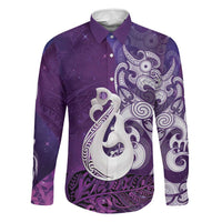 New Zealand Matariki Family Matching Off Shoulder Maxi Dress and Hawaiian Shirt Maori Manaia Galaxy Silver Fern Purple Color LT22 Dad's Shirt - Long Sleeve Purple - Polynesian Pride