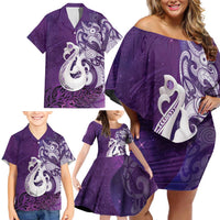New Zealand Matariki Family Matching Off Shoulder Short Dress and Hawaiian Shirt Maori Manaia Galaxy Silver Fern Purple Color LT22 - Polynesian Pride