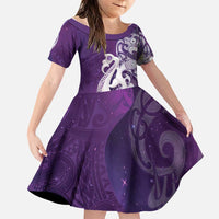 New Zealand Matariki Family Matching Short Sleeve Bodycon Dress and Hawaiian Shirt Maori Manaia Galaxy Silver Fern Purple Color LT22 Daughter's Dress Purple - Polynesian Pride