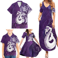 New Zealand Matariki Family Matching Summer Maxi Dress and Hawaiian Shirt Maori Manaia Galaxy Silver Fern Purple Color LT22 - Polynesian Pride