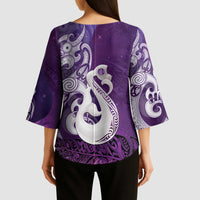 New Zealand Matariki Kimono Sleeve Blouse Maori Manaia Galaxy Silver Fern Purple Color
