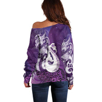 New Zealand Matariki Off Shoulder Sweater Maori Manaia Galaxy Silver Fern Purple Color LT22 - Polynesian Pride