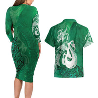 New Zealand Matariki Couples Matching Long Sleeve Bodycon Dress and Hawaiian Shirt Maori Manaia Galaxy Silver Fern Green Color LT22 - Polynesian Pride