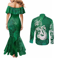 New Zealand Matariki Couples Matching Mermaid Dress and Long Sleeve Button Shirt Maori Manaia Galaxy Silver Fern Green Color LT22 - Polynesian Pride