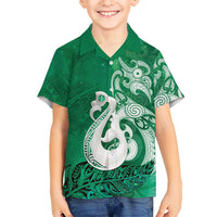 New Zealand Matariki Kid Hawaiian Shirt Maori Manaia Galaxy Silver Fern Green Color