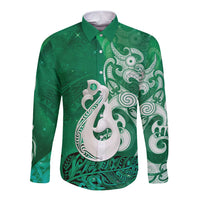 New Zealand Matariki Long Sleeve Button Shirt Maori Manaia Galaxy Silver Fern Green Color LT22 Unisex Green - Polynesian Pride