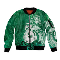 New Zealand Matariki Sleeve Zip Bomber Jacket Maori Manaia Galaxy Silver Fern Green Color LT22 Unisex Green - Polynesian Pride