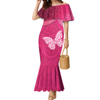 New Zealand Breast Cancer Awareness Family Matching Mermaid Dress and Hawaiian Shirt Pink Ribbon Butterfly Maori Pattern LT22 Mom's Dress Pink - Polynesian Pride