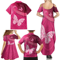 New Zealand Breast Cancer Awareness Family Matching Summer Maxi Dress and Hawaiian Shirt Pink Ribbon Butterfly Maori Pattern LT22 - Polynesian Pride