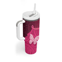 New Zealand Breast Cancer Awareness Tumbler With Handle Pink Ribbon Butterfly Maori Pattern LT22 - Polynesian Pride