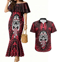 New Zealand Maori Language Week Couples Matching Mermaid Dress and Hawaiian Shirt Te Wiki O Te Reo Maori Hei Tiki LT22 Red - Polynesian Pride