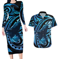 New Zealand Matariki Couples Matching Long Sleeve Bodycon Dress and Hawaiian Shirt Maori Humpback Whale Galaxy
