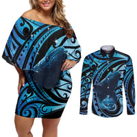 New Zealand Matariki Couples Matching Off Shoulder Short Dress and Long Sleeve Button Shirt Maori Humpback Whale Galaxy LT22 Blue - Polynesian Pride