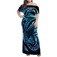 New Zealand Matariki Family Matching Off Shoulder Maxi Dress and Hawaiian Shirt Maori Humpback Whale Galaxy LT22 Mom's Dress Blue - Polynesian Pride
