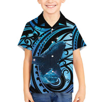 New Zealand Matariki Family Matching Off Shoulder Short Dress and Hawaiian Shirt Maori Humpback Whale Galaxy LT22 Son's Shirt Blue - Polynesian Pride