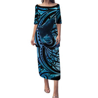New Zealand Matariki Family Matching Puletasi and Hawaiian Shirt Maori Humpback Whale Galaxy LT22 Mom's Dress Blue - Polynesian Pride