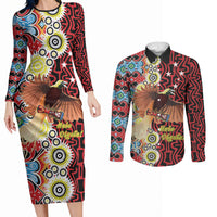 Personalised Papua New Guinea Pidgin Language Week Couples Matching Long Sleeve Bodycon Dress and Long Sleeve Button Shirt Halo Olgeta Tok Pisin Wik Bird Of Paradise Oro Batik LT22 Red - Polynesian Pride