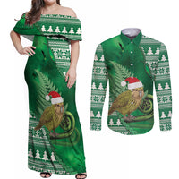 New Zealand Kakapo Christmas In July Couples Matching Off Shoulder Maxi Dress and Long Sleeve Button Shirt Silver Fern Santa Xmas Green Color LT22 Green - Polynesian Pride