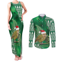 New Zealand Kakapo Christmas In July Couples Matching Tank Maxi Dress and Long Sleeve Button Shirt Silver Fern Santa Xmas Green Color