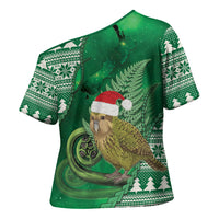 New Zealand Kakapo Christmas In July Cross Shoulder Shirt Silver Fern Santa Xmas Green Color