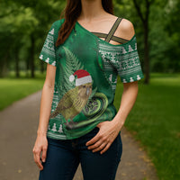 New Zealand Kakapo Christmas In July Cross Shoulder Shirt Silver Fern Santa Xmas Green Color