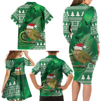 New Zealand Kakapo Christmas In July Family Matching Long Sleeve Bodycon Dress and Hawaiian Shirt Silver Fern Santa Xmas Green Color LT22 - Polynesian Pride