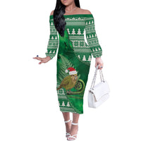 New Zealand Kakapo Christmas In July Family Matching Off The Shoulder Long Sleeve Dress and Hawaiian Shirt Silver Fern Santa Xmas Green Color LT22 Mom's Dress Green - Polynesian Pride