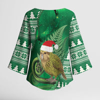 New Zealand Kakapo Christmas In July Kimono Sleeve Blouse Silver Fern Santa Xmas Green Color LT22 - Polynesian Pride