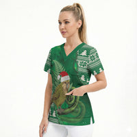 New Zealand Kakapo Christmas In July Scrub Top Silver Fern Santa Xmas Green Color LT22 - Polynesian Pride