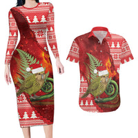 New Zealand Kakapo Christmas In July Couples Matching Long Sleeve Bodycon Dress and Hawaiian Shirt Silver Fern Santa Xmas Red Color LT22 Red - Polynesian Pride