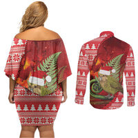New Zealand Kakapo Christmas In July Couples Matching Off Shoulder Short Dress and Long Sleeve Button Shirt Silver Fern Santa Xmas Red Color LT22 - Polynesian Pride